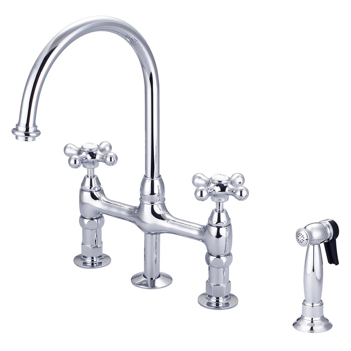 Harding Kitchen Bridge Faucet with Sidespray and Metal Button Cross Handles